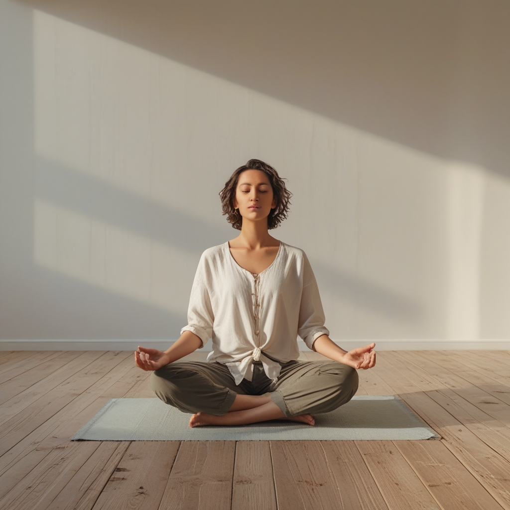 Person sitzt in ruhiger Meditationshaltung auf einem Holzboden in einem hellen, minimalistischen Raum mit Naturlicht, entspannte aufrechte Körperhaltung, ruhige atmosphärische Stimmung, gedämpfte Farben