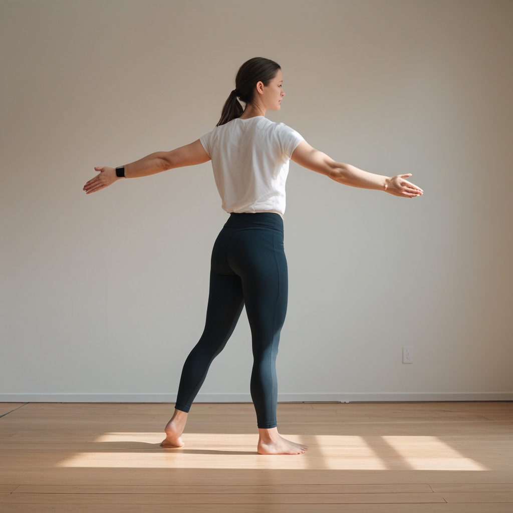 Person in einer ruhigen, aufrechten Balancierhaltung auf einem Holzboden in einem minimalistischen Studio, weiche Seitenbeleuchtung betont die Körpersilhouette und Muskulatur, natürliche Umgebung mit gedämpften Tönen