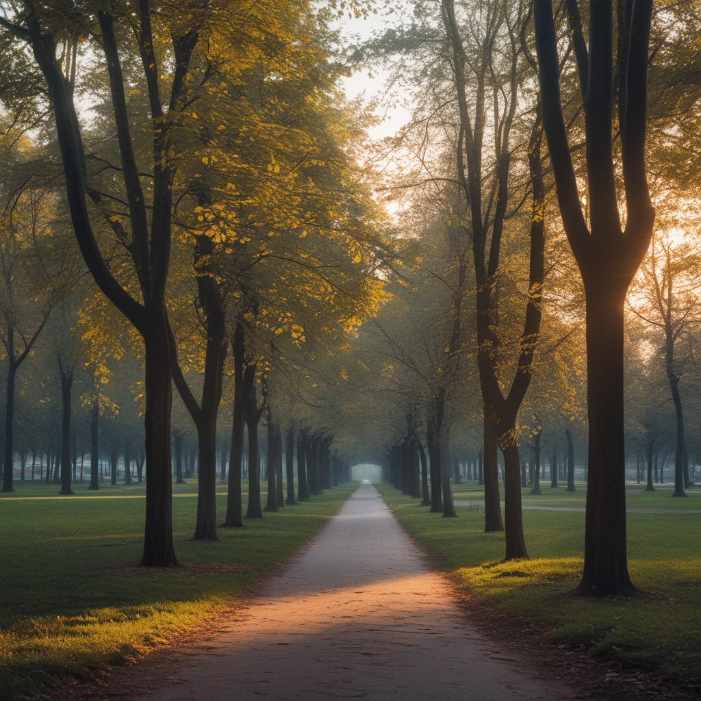 Ruhiger Stadtpark im Morgengrauen mit geschwungenem Kiesweg zwischen Bäumen, weiches diffuses Licht, leerer Weg lädt zur Bewegung ein, atmosphärische Tiefenschärfe, herbstliche oder frühlingshafte Stimmung