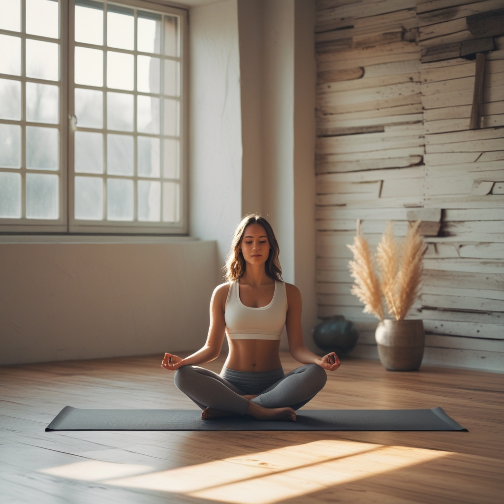 Ruhige Yoga-Praxis in einem hellen, holzvertäfelten Studio, Person in einer entspannten sitzenden Vorwärtsbeuge auf einer Matte, weiches natürliches Licht fällt durch große Fenster, atmosphärische Tiefenschärfe, gedeckte Erdtöne