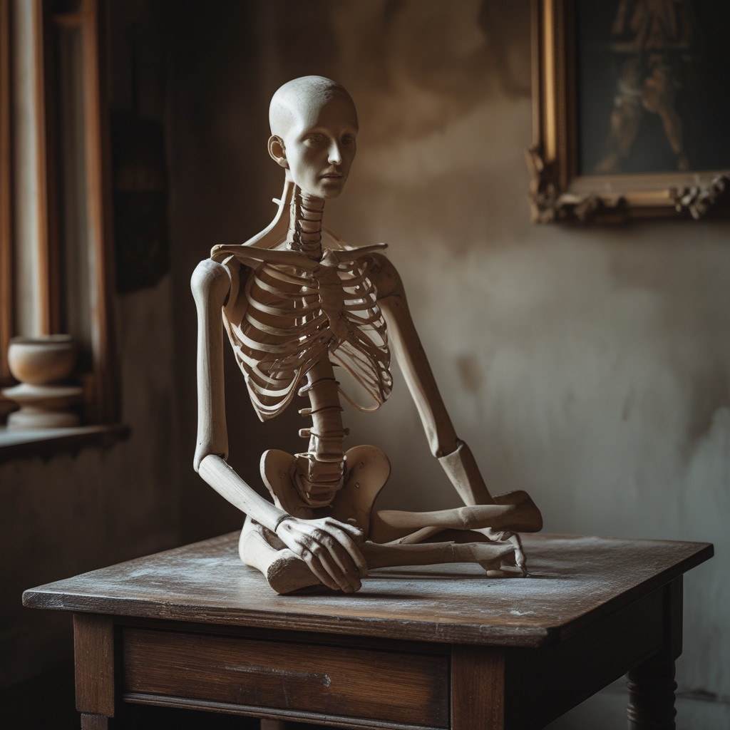 Altes Anatomie-Studienmodell aus Holz und Metall (Kunstgelenk oder anatomische Figur) auf einem dunklen Holztisch, stimmungsvolle Rembrandt-artige Beleuchtung, warme Braun- und Goldtöne, keine modernen Objekte sichtbar