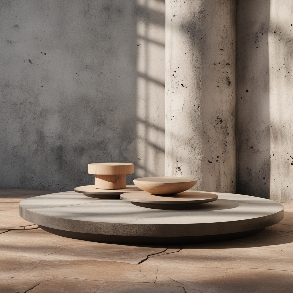 Stillleben mit Holzwürfeln in verschiedenen Größen auf einer glatten Oberfläche, die eine Balance und Gleichgewichtsstruktur darstellen, weiche Seitenbeleuchtung mit tiefen Schatten, minimalistisches konzeptuelles Bild