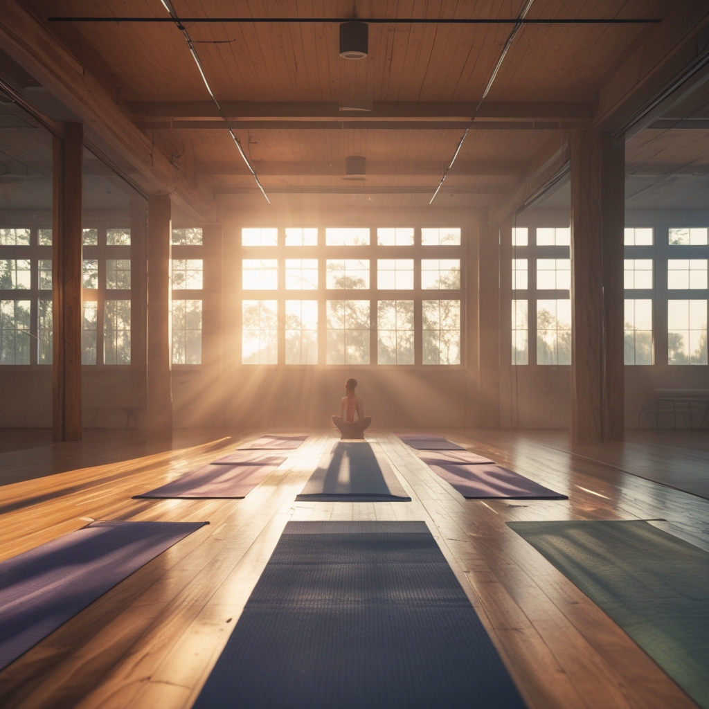 Leere, lichtdurchflutete Yogastudio-Atmosphäre, Reihen von sorgfältig aufgereihten Yogamatten auf Holzboden, warmes Morgenlicht durch hohe Fenster, keine Personen, ruhige institutionelle Stimmung