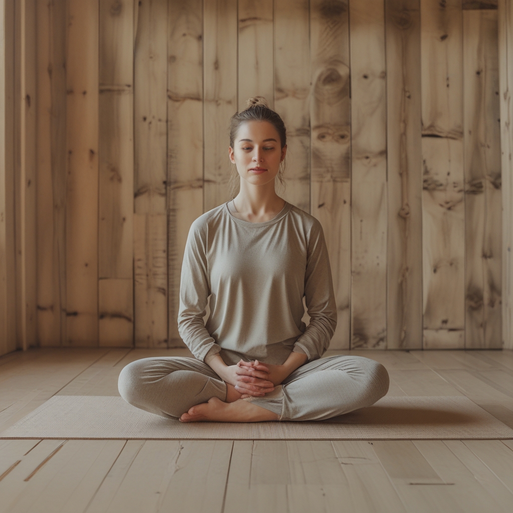 Person in einer ruhigen Yoga-Krieger-Pose auf einer Matte in einem holzgetäfelten Studio, weiche warme Beleuchtung, fokussierter entspannter Gesichtsausdruck, stabile Haltung betont Balance und Muskelkontrolle